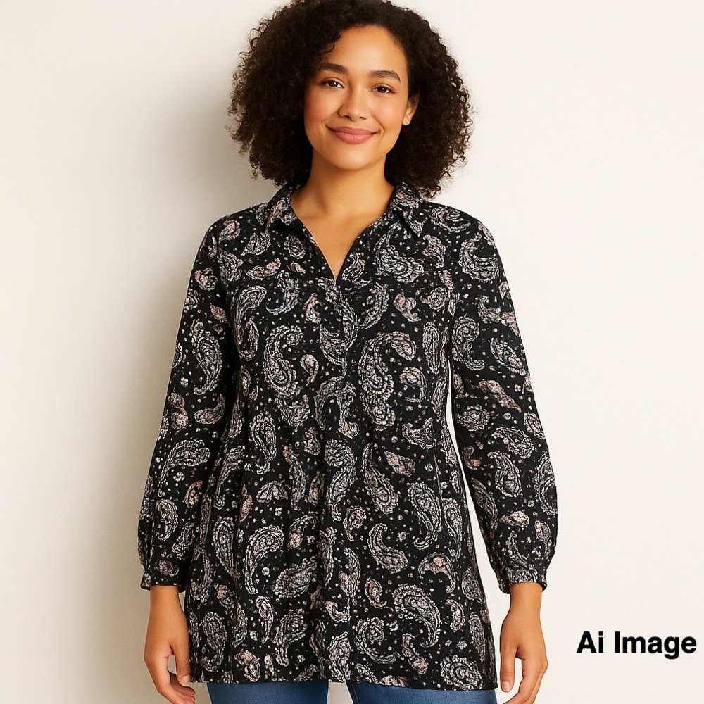 Style Co Paisley Print Long Sleeve Tiered Tunic Dress Women's XXL Black Pink